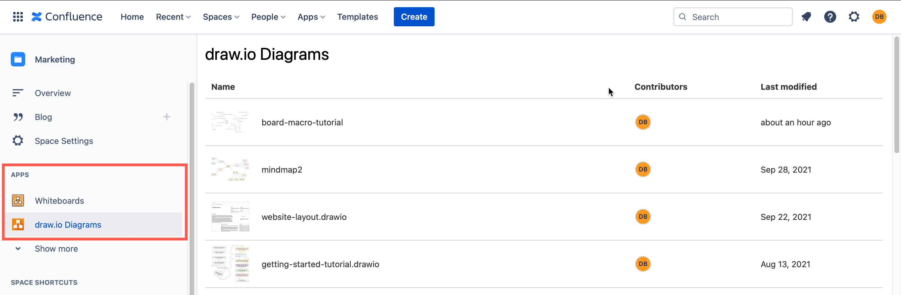 在 Confluence Cloud 实例中查看所有 draw.io Diagrams 和 draw.io Boards