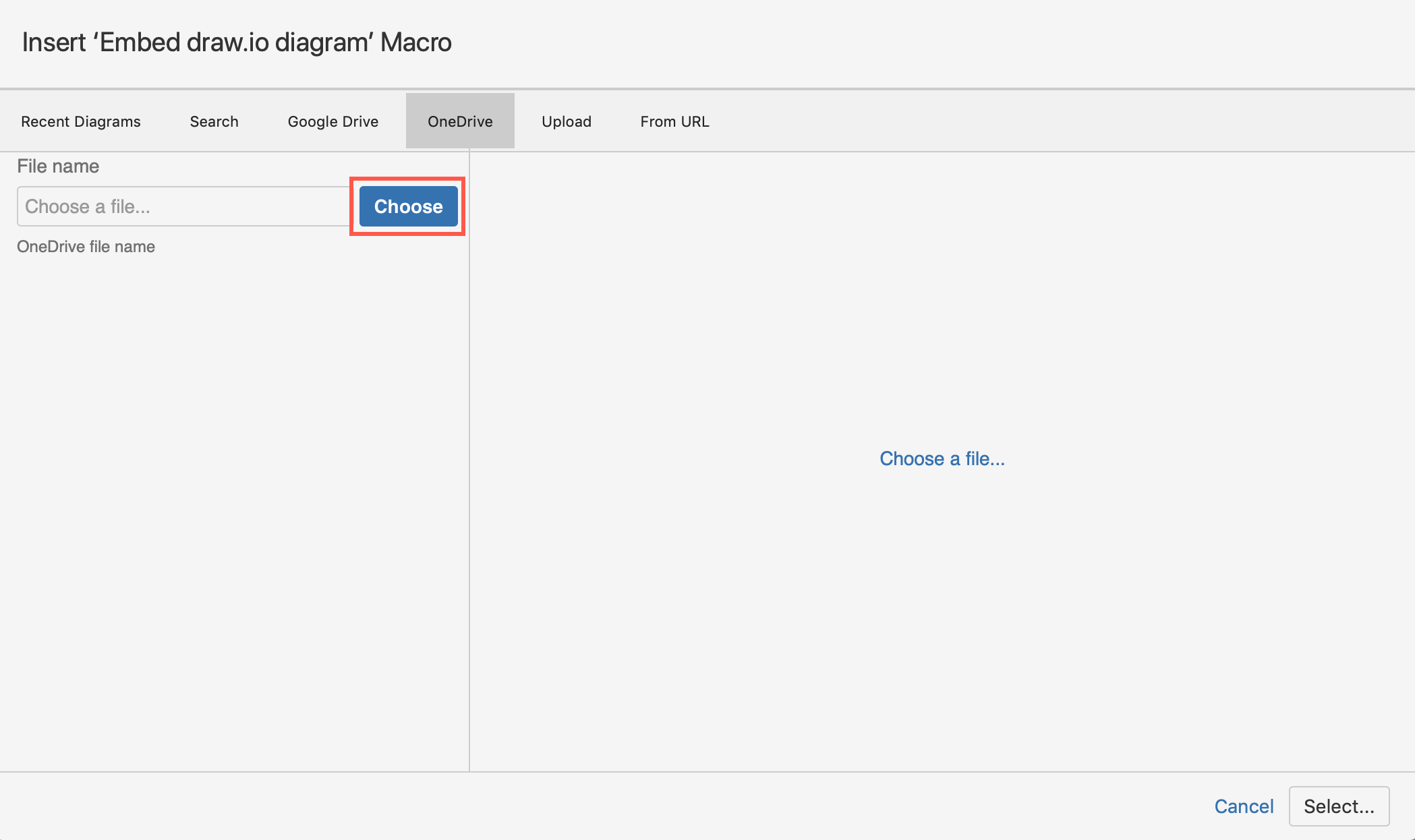 单击选择以在您的 OneDrive 帐户中查找 .drawio 图表文件