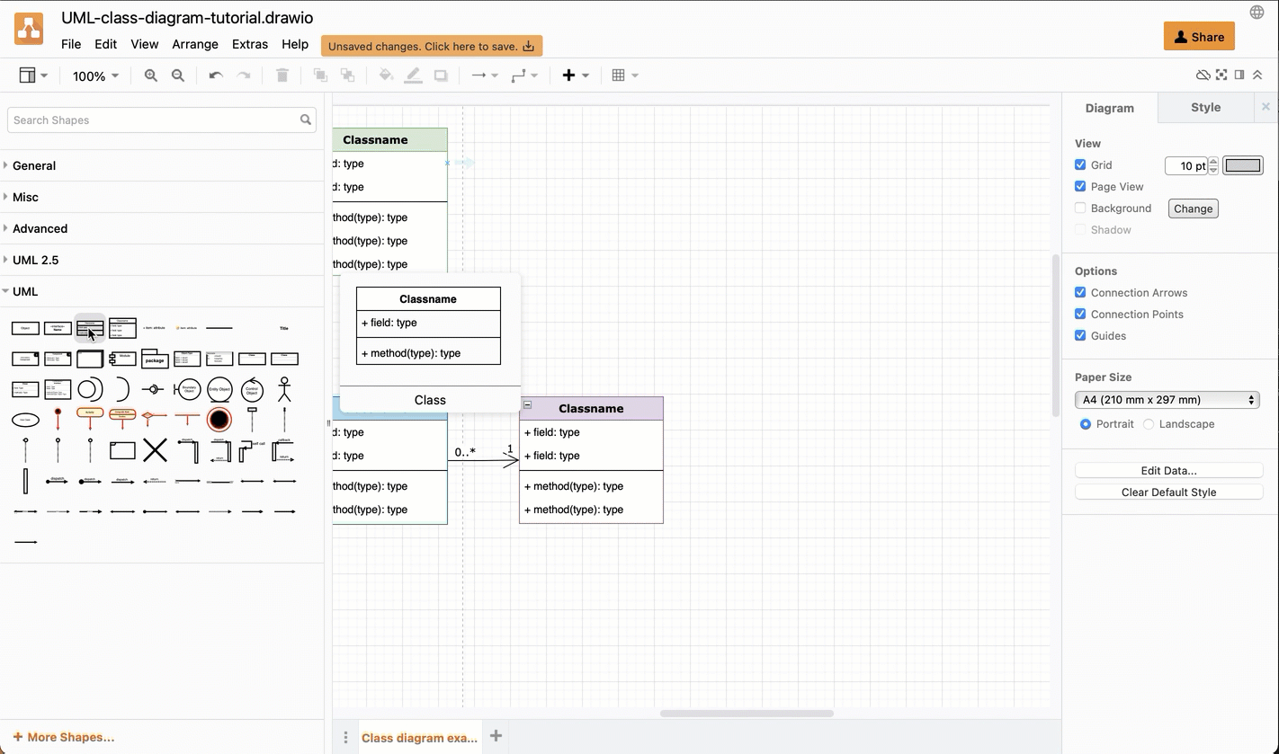 使用 diagrams.net 以多种方式向 UML 类图中的类形状添加行