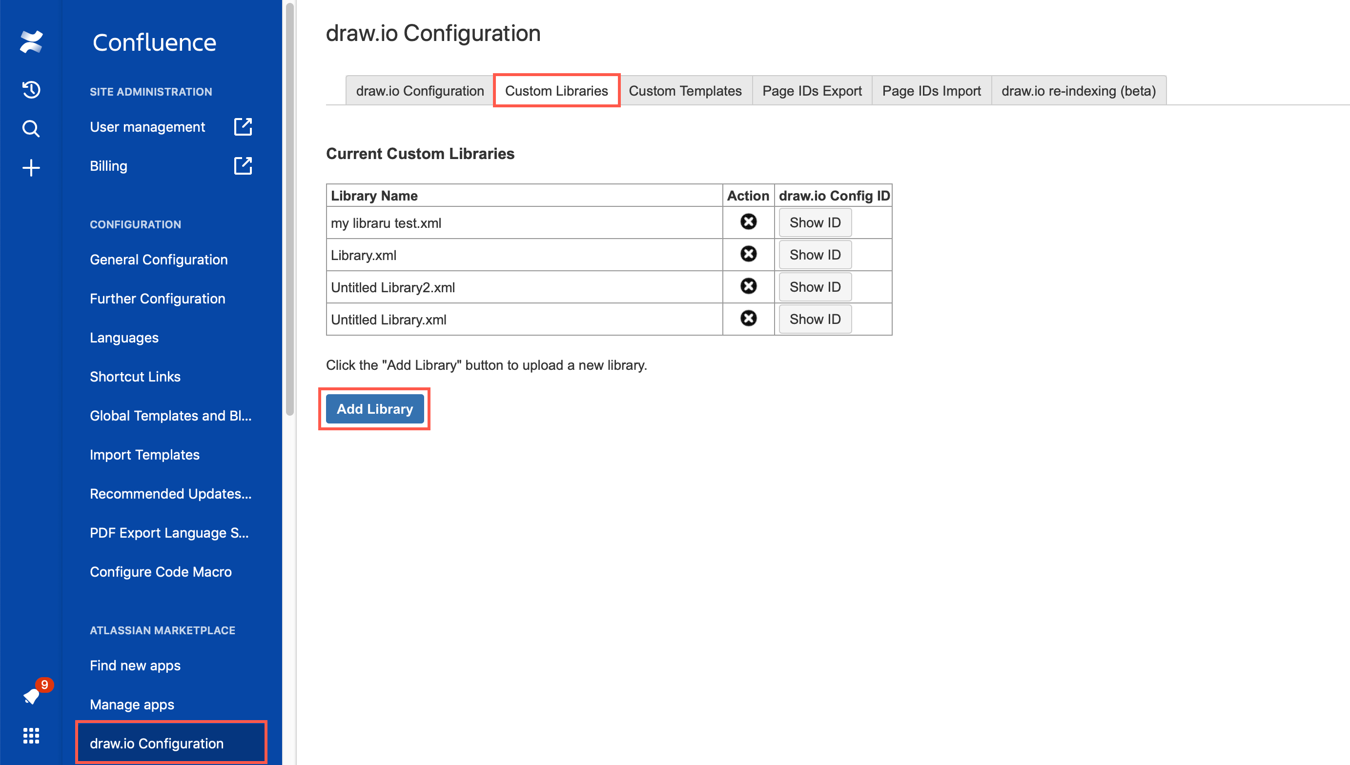 通过 Confluence 管理区域中的 draw.io 配置将自定义库添加到 Confluence Cloud