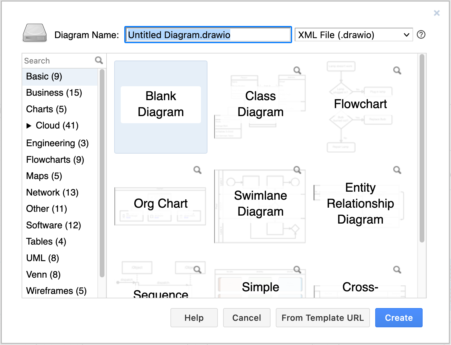 在 diagrams.net 创建新图表时选择图表模板